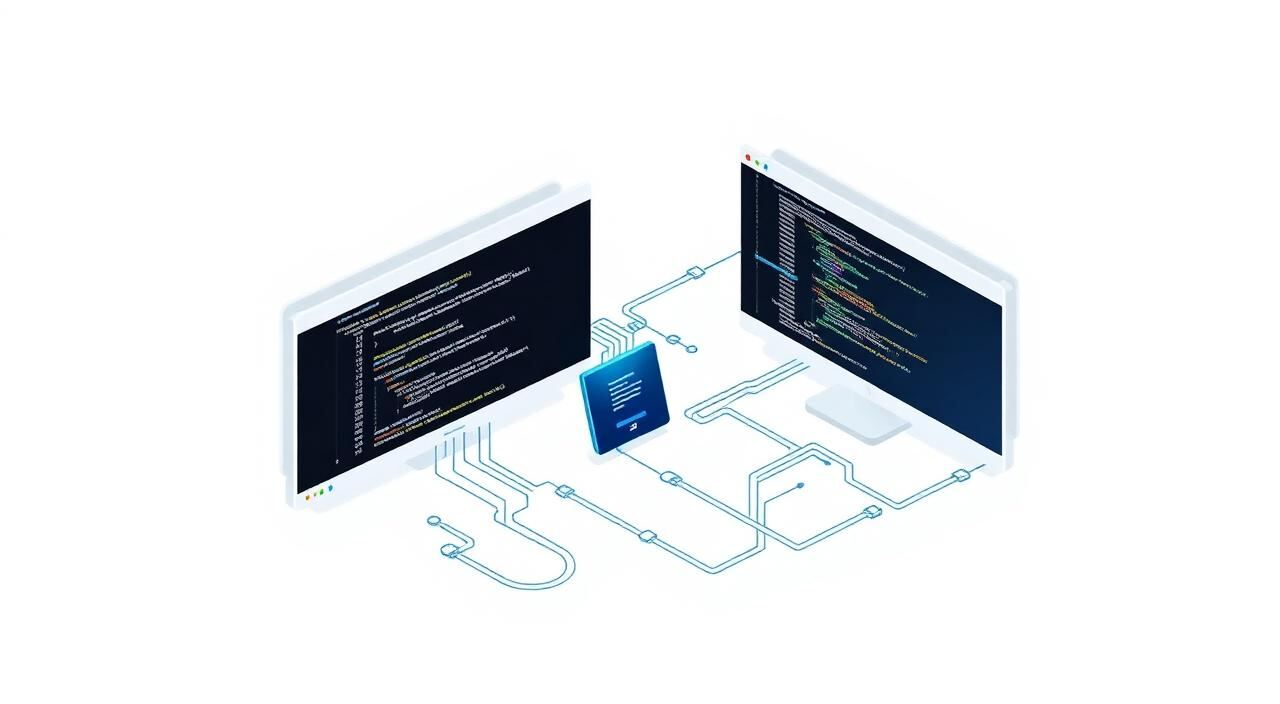 Illustration of code editors and a glowing network